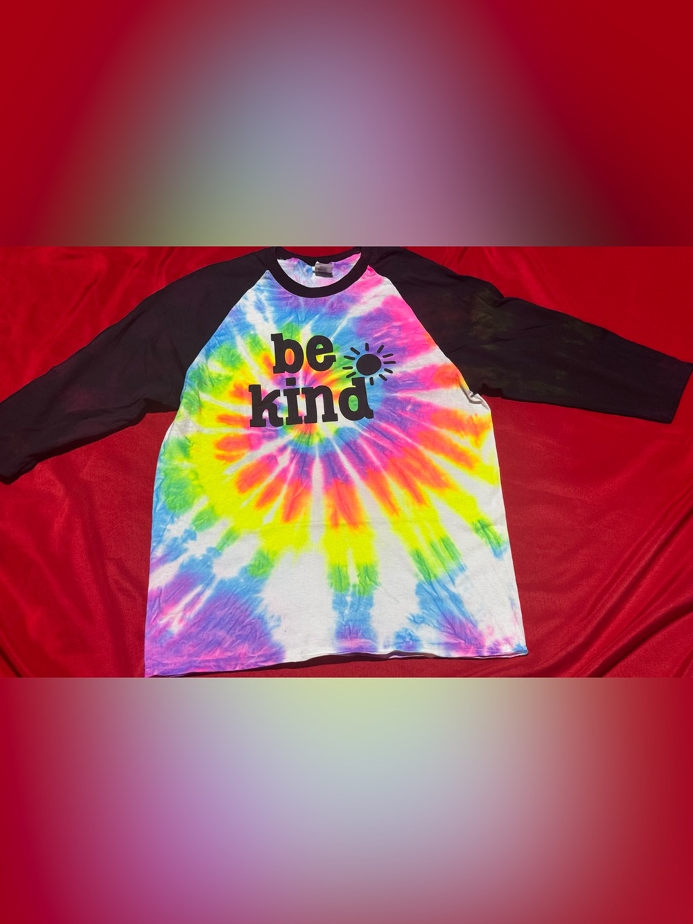 Gildan Multicolor Tie-Dye 'be kind' Raglan Tee with Black Sleeves